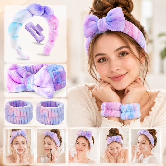 Spa Headband & Wristband Set, Plush Skincare Headband with Absorbent Wrist Wash Bands & Hair Claw Clip