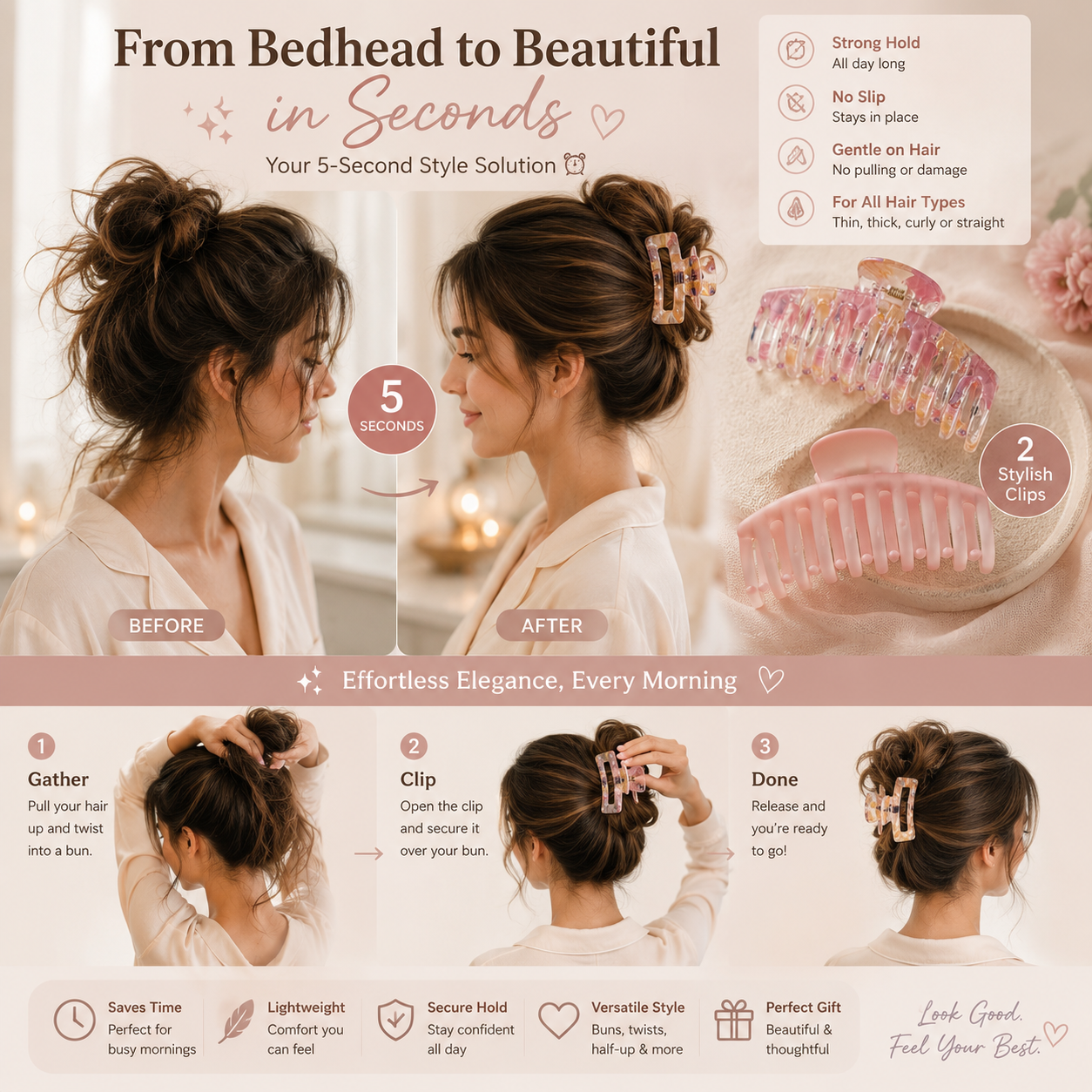 Wide Curved No-Slip Hair Claw Clips Set, Large Matte & Transparent Hair Clips for Women (2 Peices)