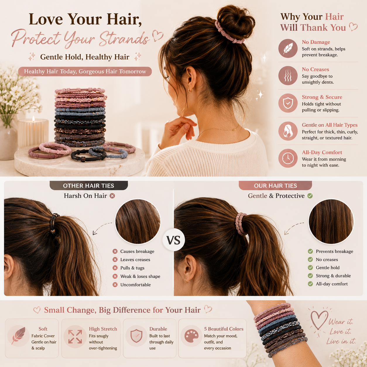 25PCS Boho Hair Ties Set, Soft No-Crease Elastic Hair Bands for Thick & Thin Hair