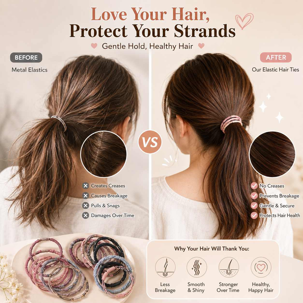 25PCS Boho Hair Ties Set, Soft No-Crease Elastic Hair Bands for Thick & Thin Hair