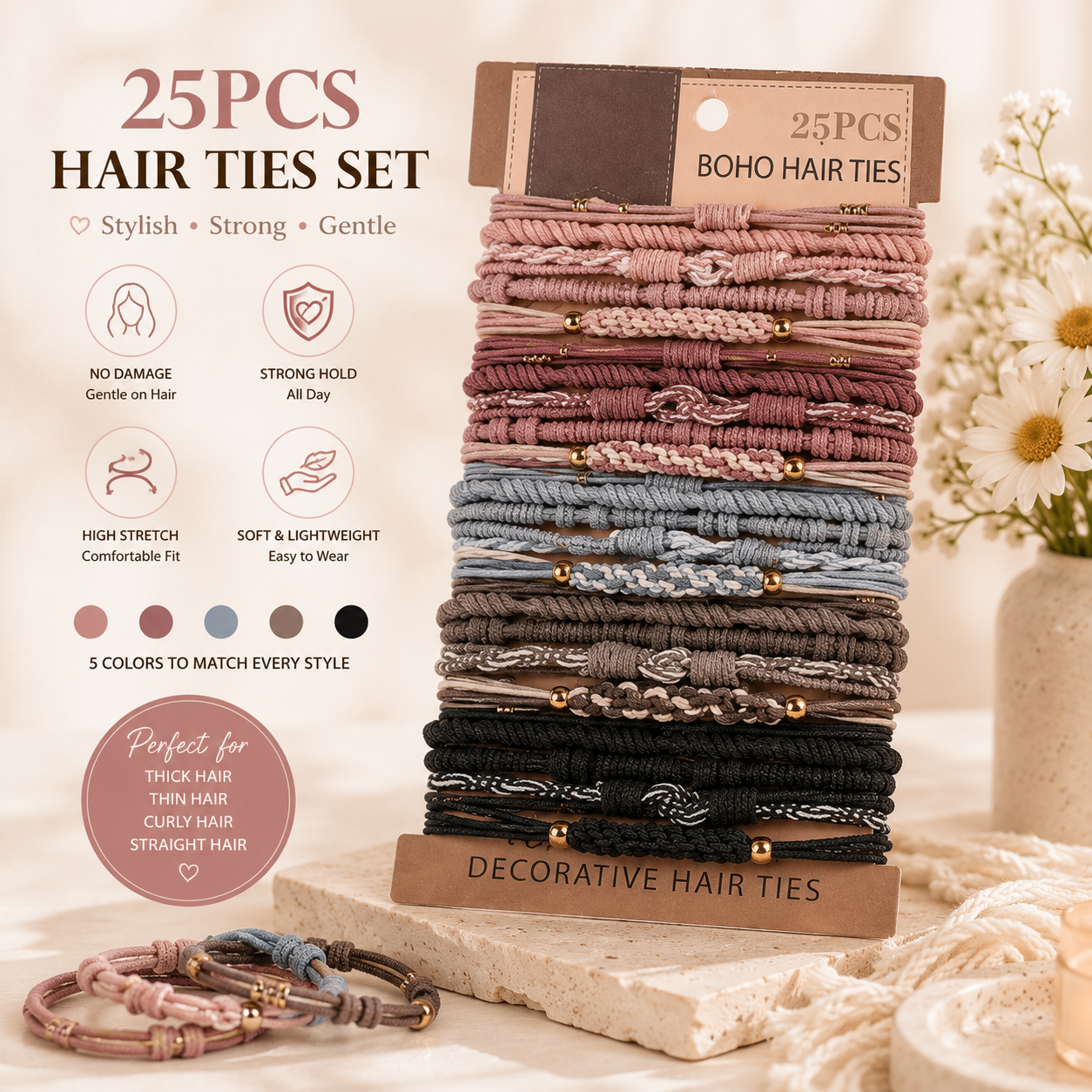 25PCS Boho Hair Ties Set, Soft No-Crease Elastic Hair Bands for Thick & Thin Hair