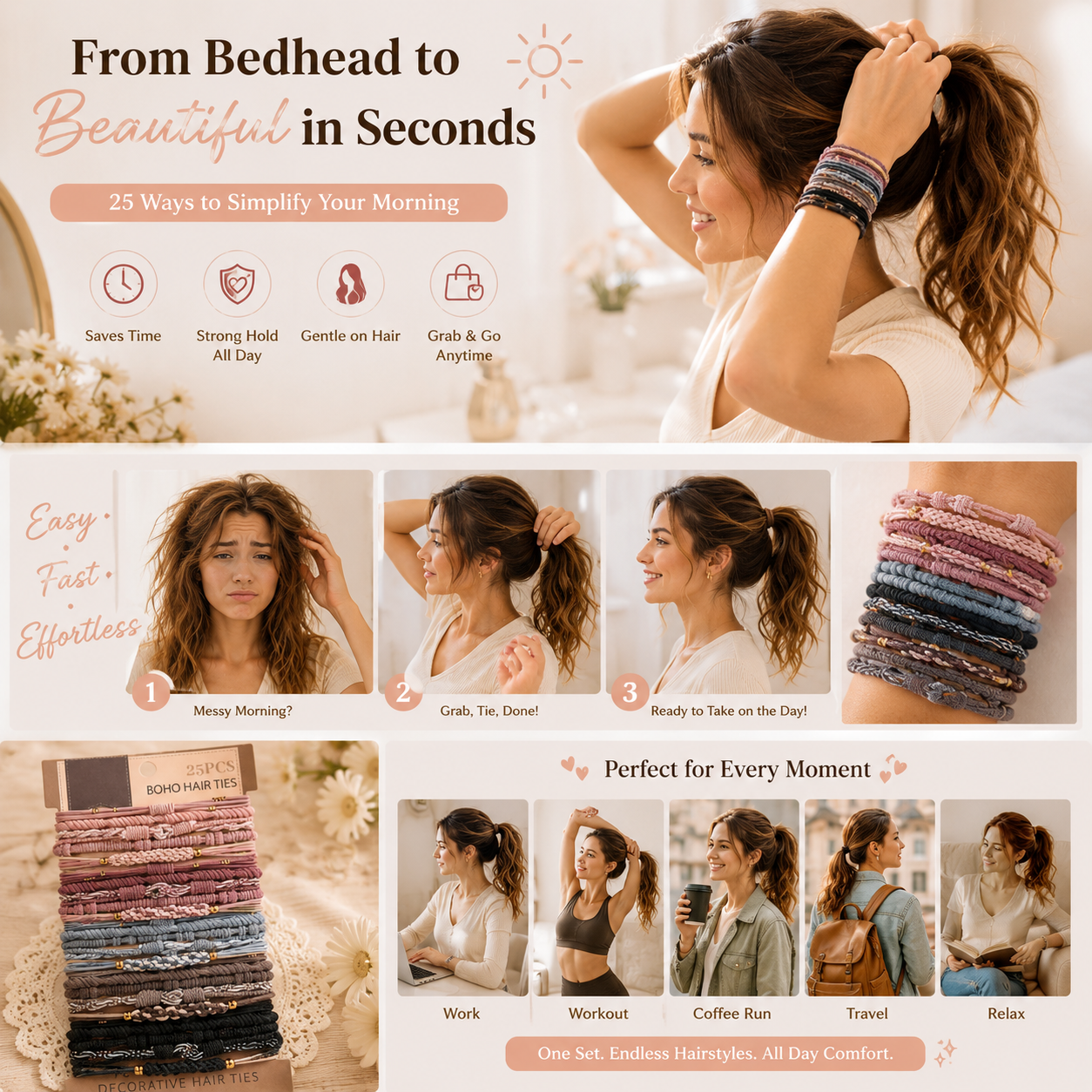 25PCS Boho Hair Ties Set, Soft No-Crease Elastic Hair Bands for Thick & Thin Hair