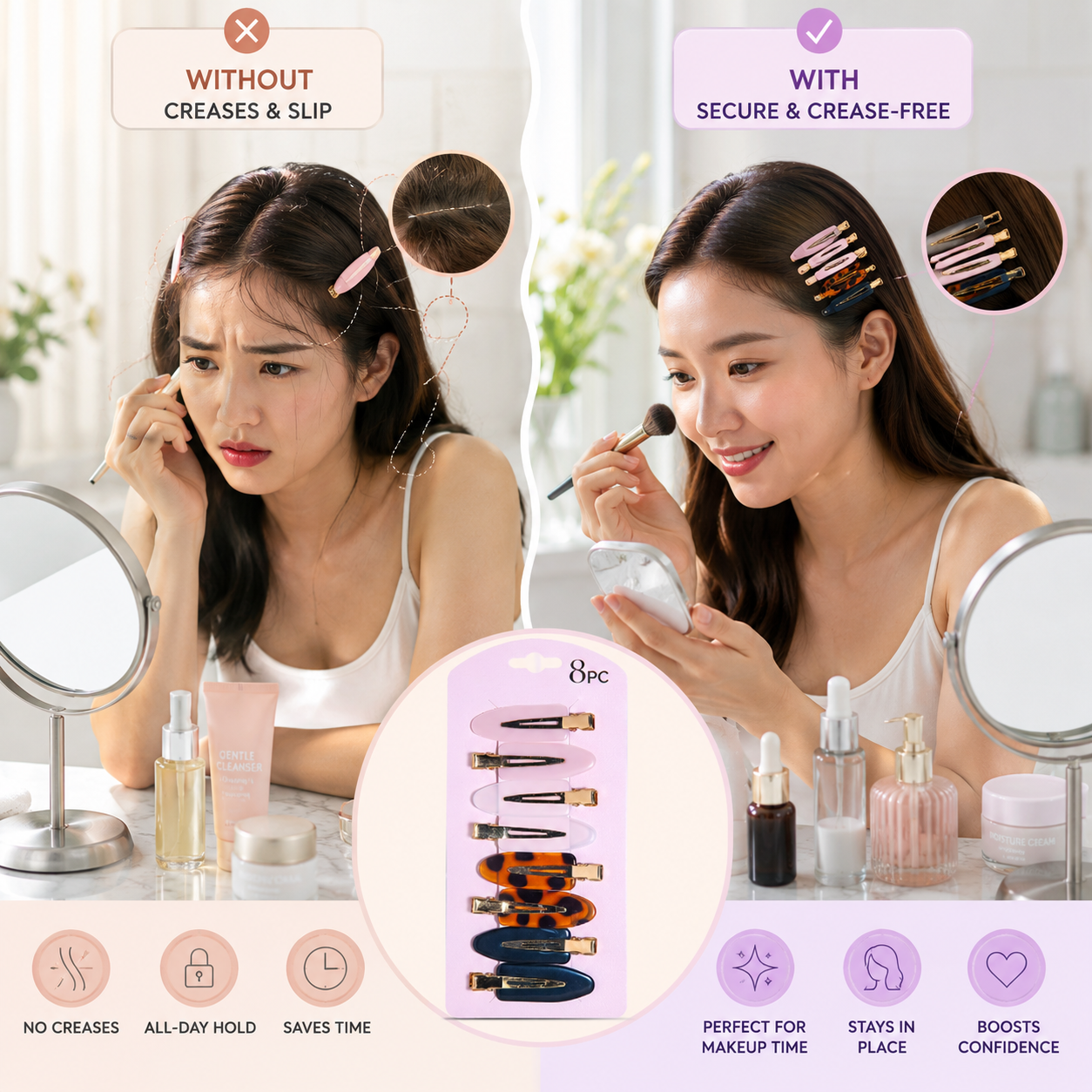 8PCS No Dent Hair Clips Set, Creaseless Styling Clips for Makeup, Curling & Hair Sectioning