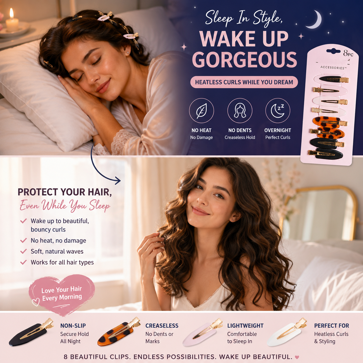 8PCS No Dent Hair Clips Set, Creaseless Styling Clips for Makeup, Curling & Hair Sectioning