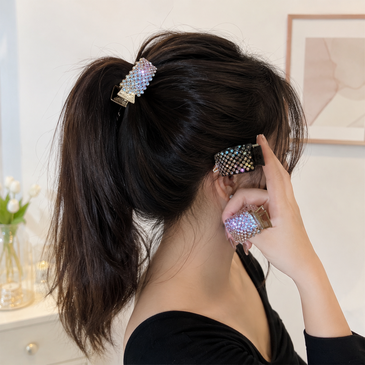 Crystal Bow Ponytail Hair Claw Clip – Sparkling Rhinestone High Pony Holder for Women & Girls