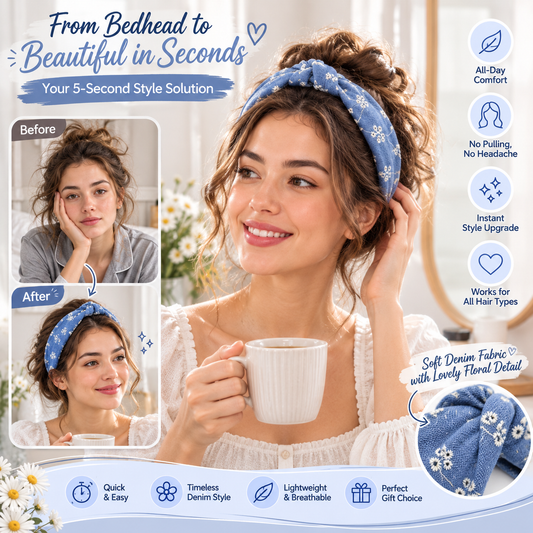 Denim Floral Knot Headband – Soft Knotted Fabric Headband for Women & Girls