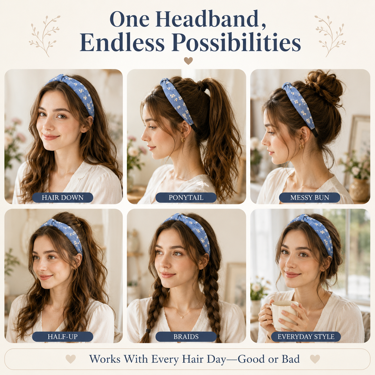 Denim Floral Knot Headband – Soft Knotted Fabric Headband for Women & Girls