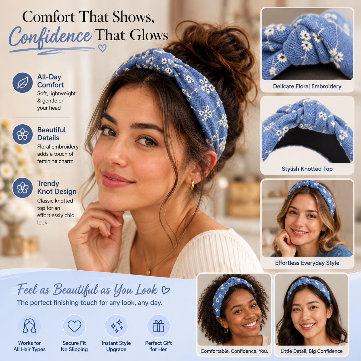 Denim Floral Knot Headband – Soft Knotted Fabric Headband for Women & Girls