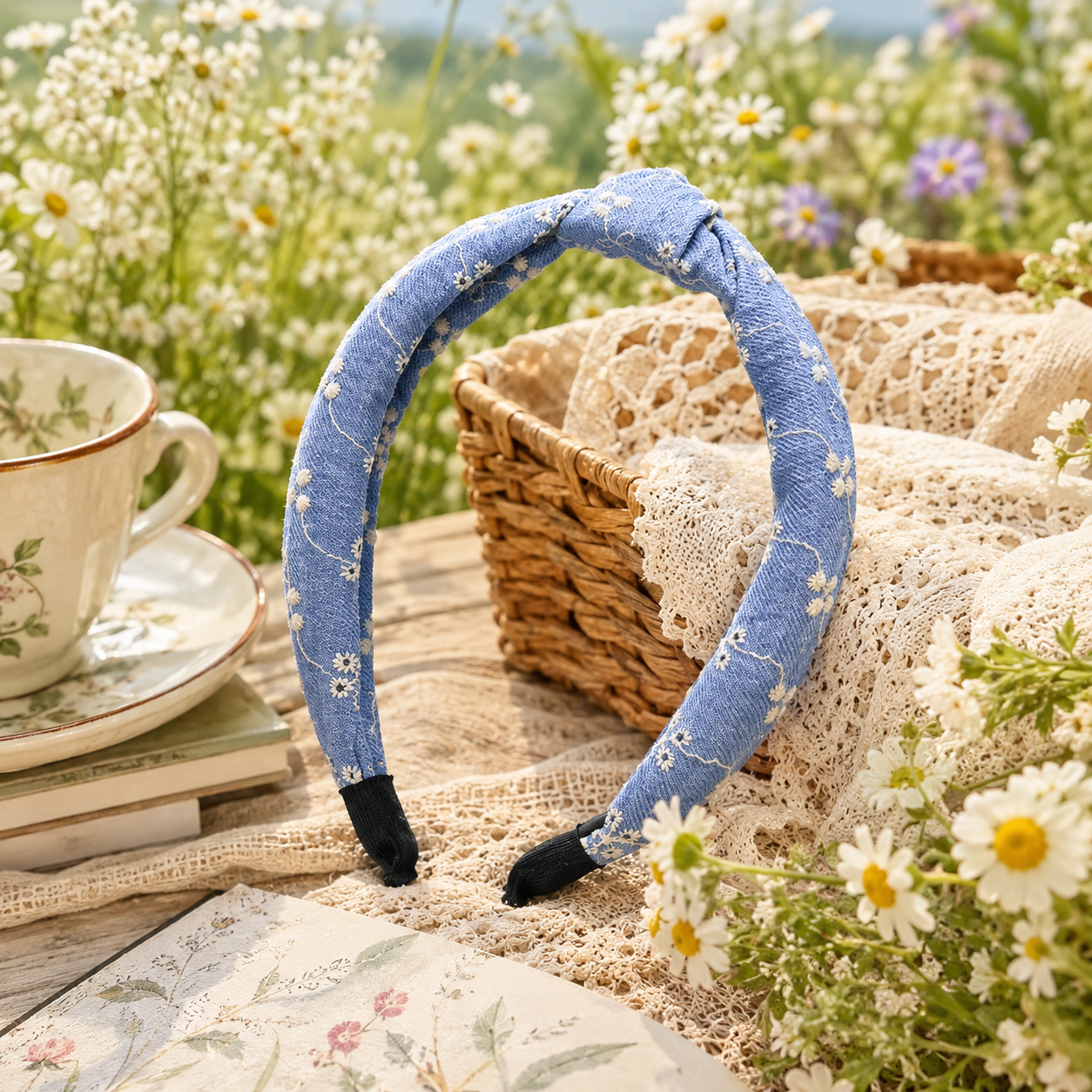 Denim Floral Knot Headband – Soft Knotted Fabric Headband for Women & Girls
