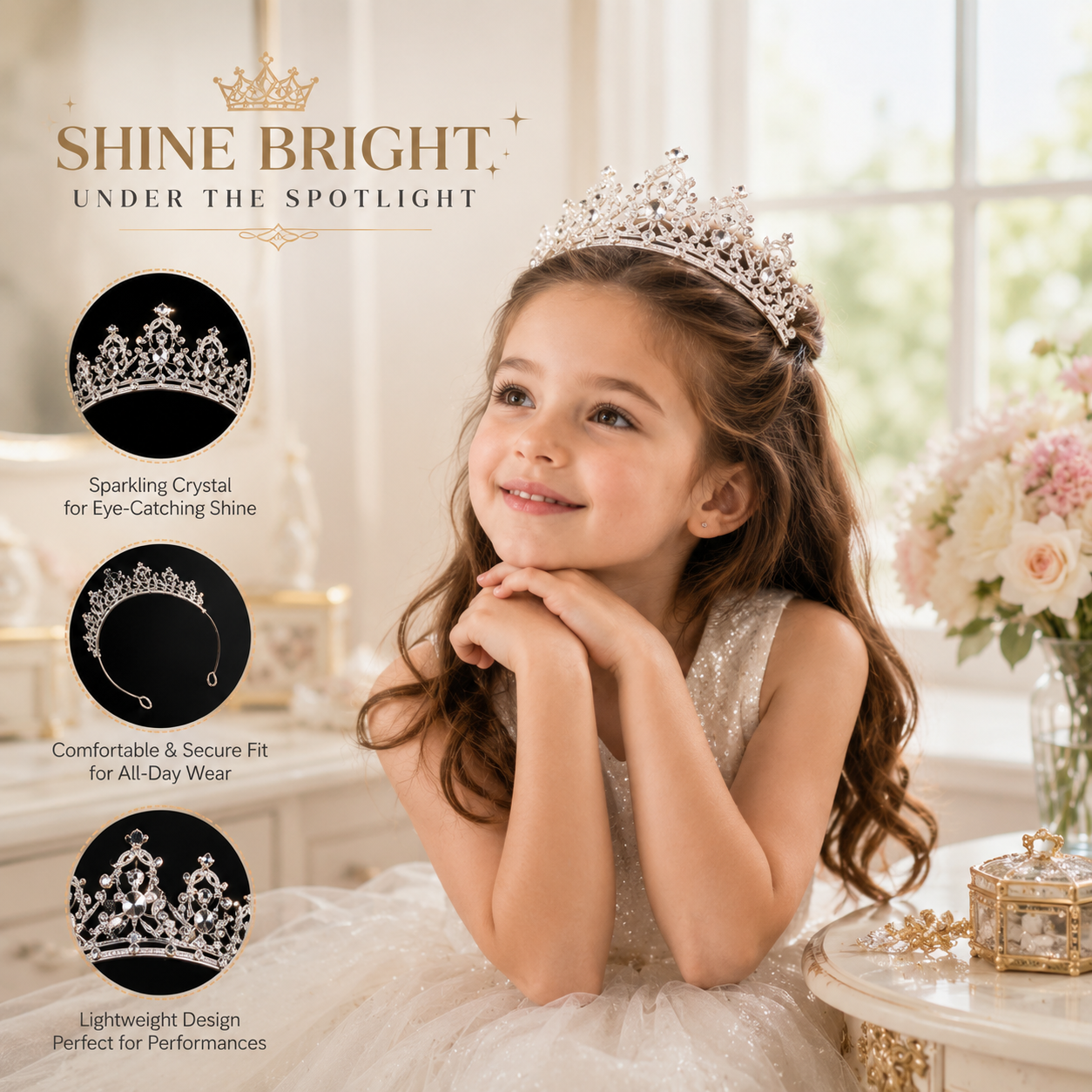 Girls Princess Crystal Crown Tiara, Elegant Rhinestone Headband for Birthdays, Dress-Up & Special Occasions