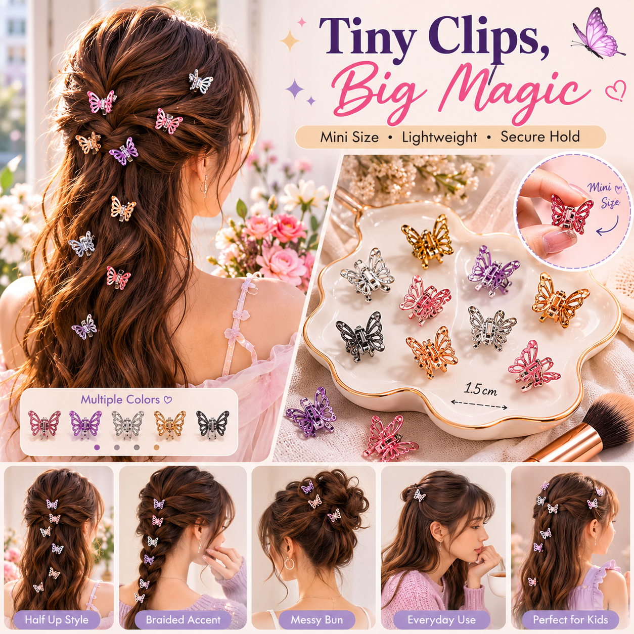 Mini Metal Butterfly Hair Claw Clips Set – 6 Piece Butterfly Hair Accessories for Women & Girls