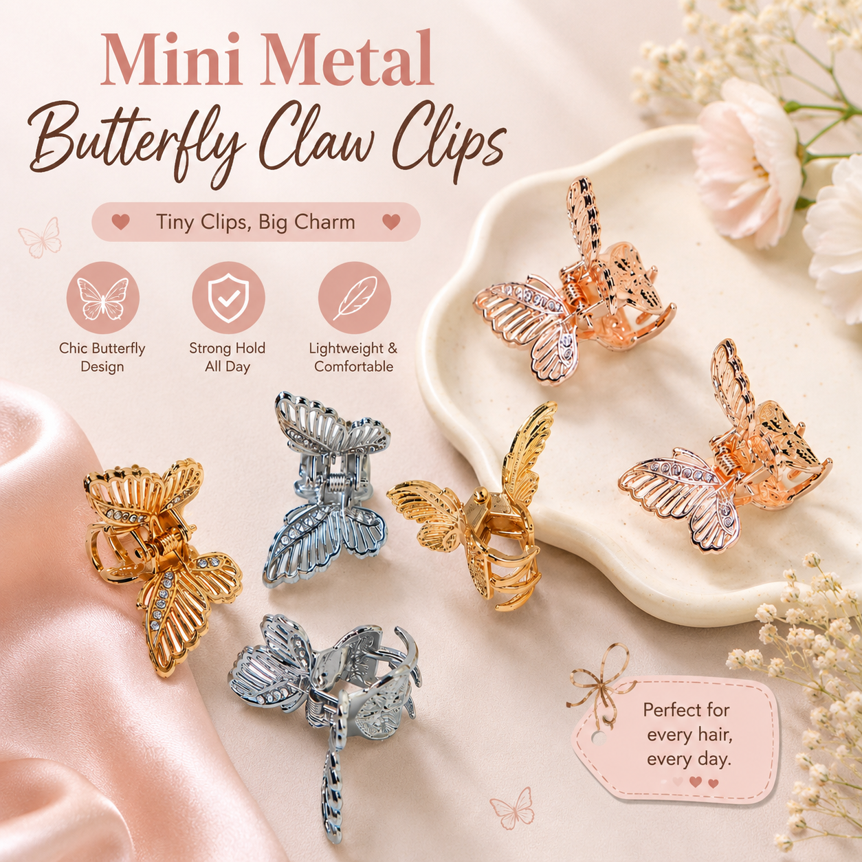 Mini Metal Butterfly Hair Claw Clips Set – 6 Piece Butterfly Hair Accessories for Women & Girls