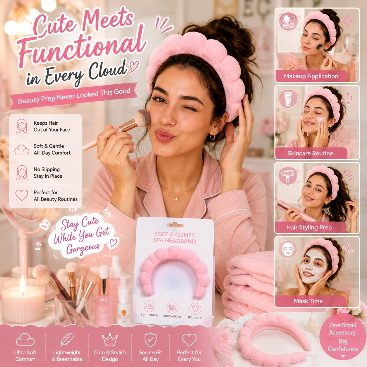 Pink Spa Headband for Skincare, Ultra Soft Cloud Makeup Headband for Face Washing & Beauty Routine