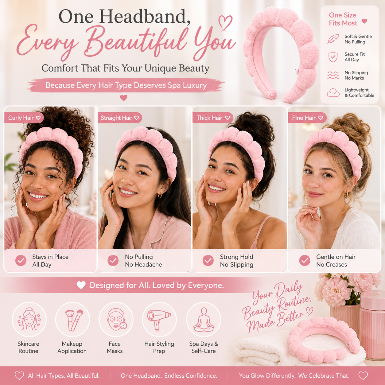 Pink Spa Headband for Skincare, Ultra Soft Cloud Makeup Headband for Face Washing & Beauty Routine