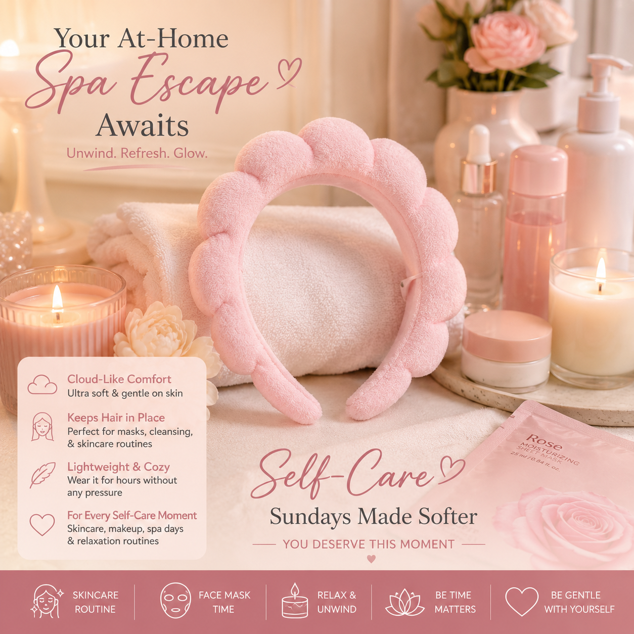 Pink Spa Headband for Skincare, Ultra Soft Cloud Makeup Headband for Face Washing & Beauty Routine