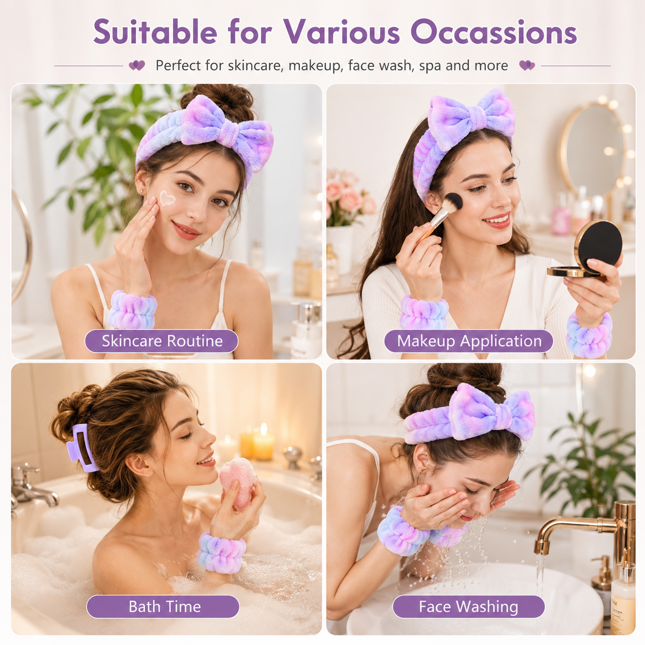 Spa Headband & Wristband Set, Plush Skincare Headband with Absorbent Wrist Wash Bands & Hair Claw Clip