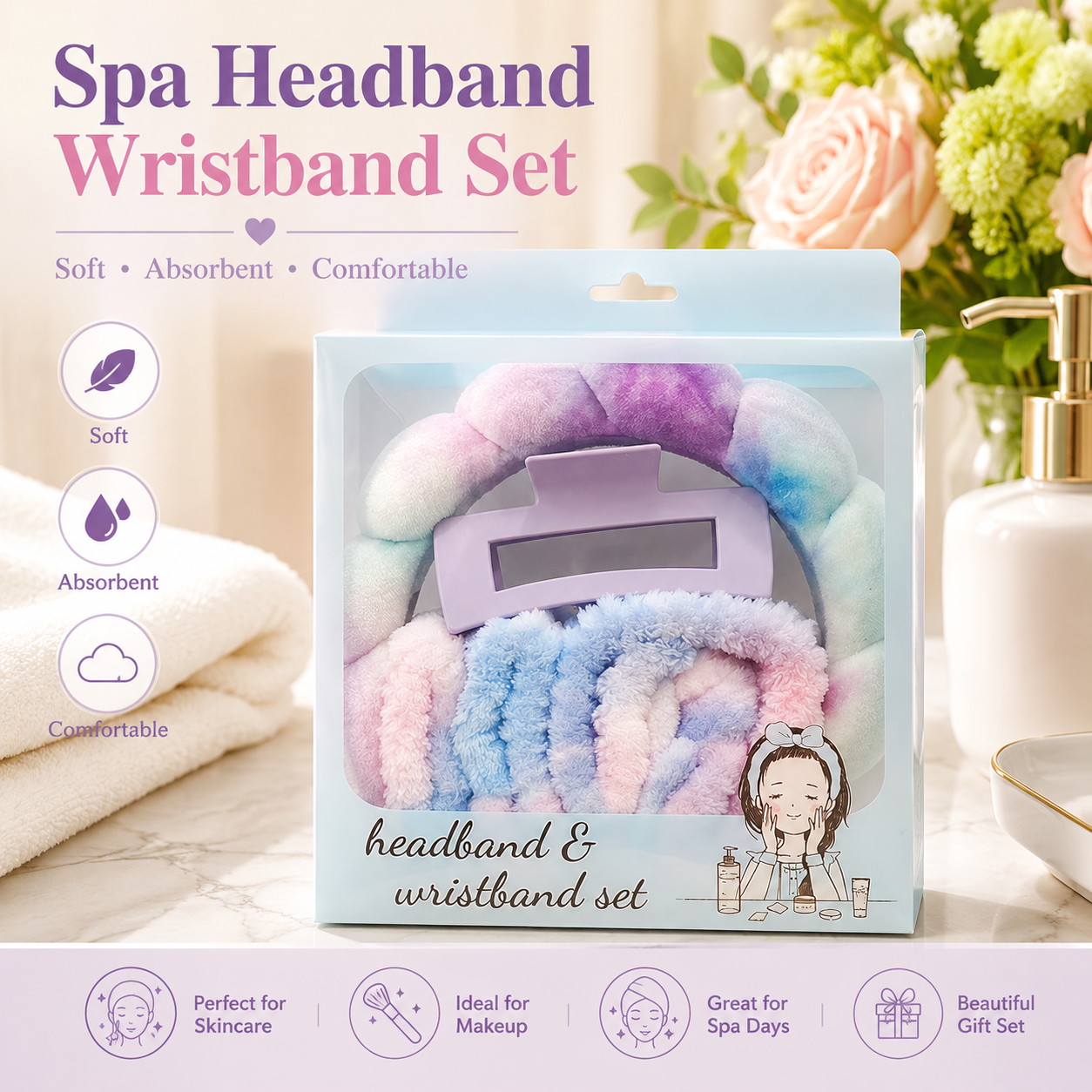 Spa Headband & Wristband Set, Plush Skincare Headband with Absorbent Wrist Wash Bands & Hair Claw Clip