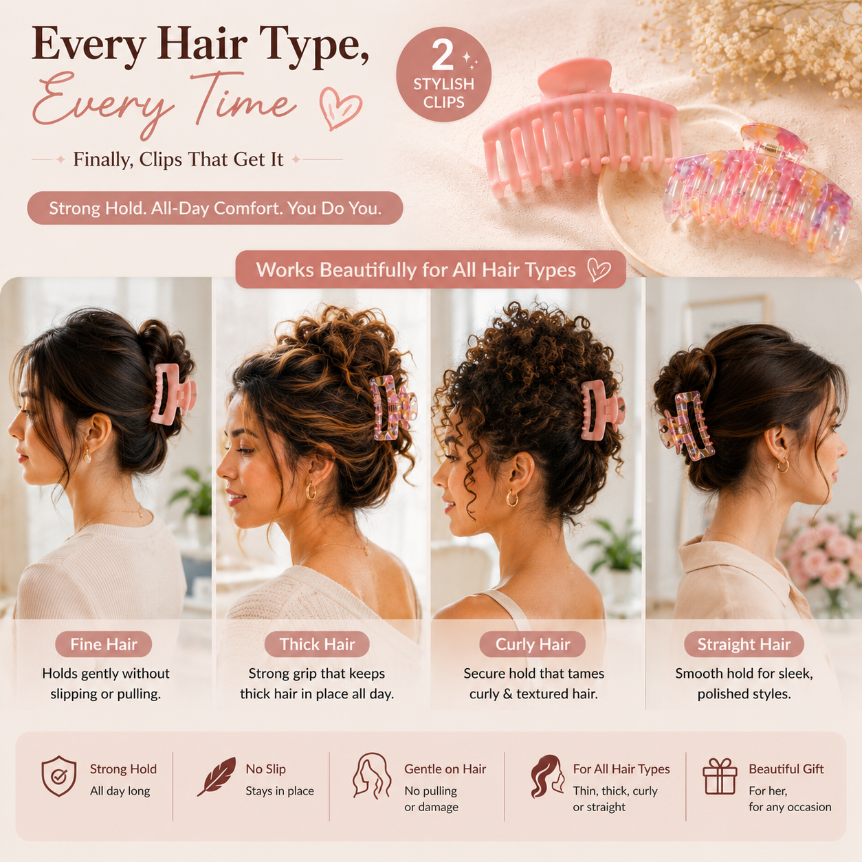 Wide Curved No-Slip Hair Claw Clips Set, Large Matte & Transparent Hair Clips for Women (2 Peices)