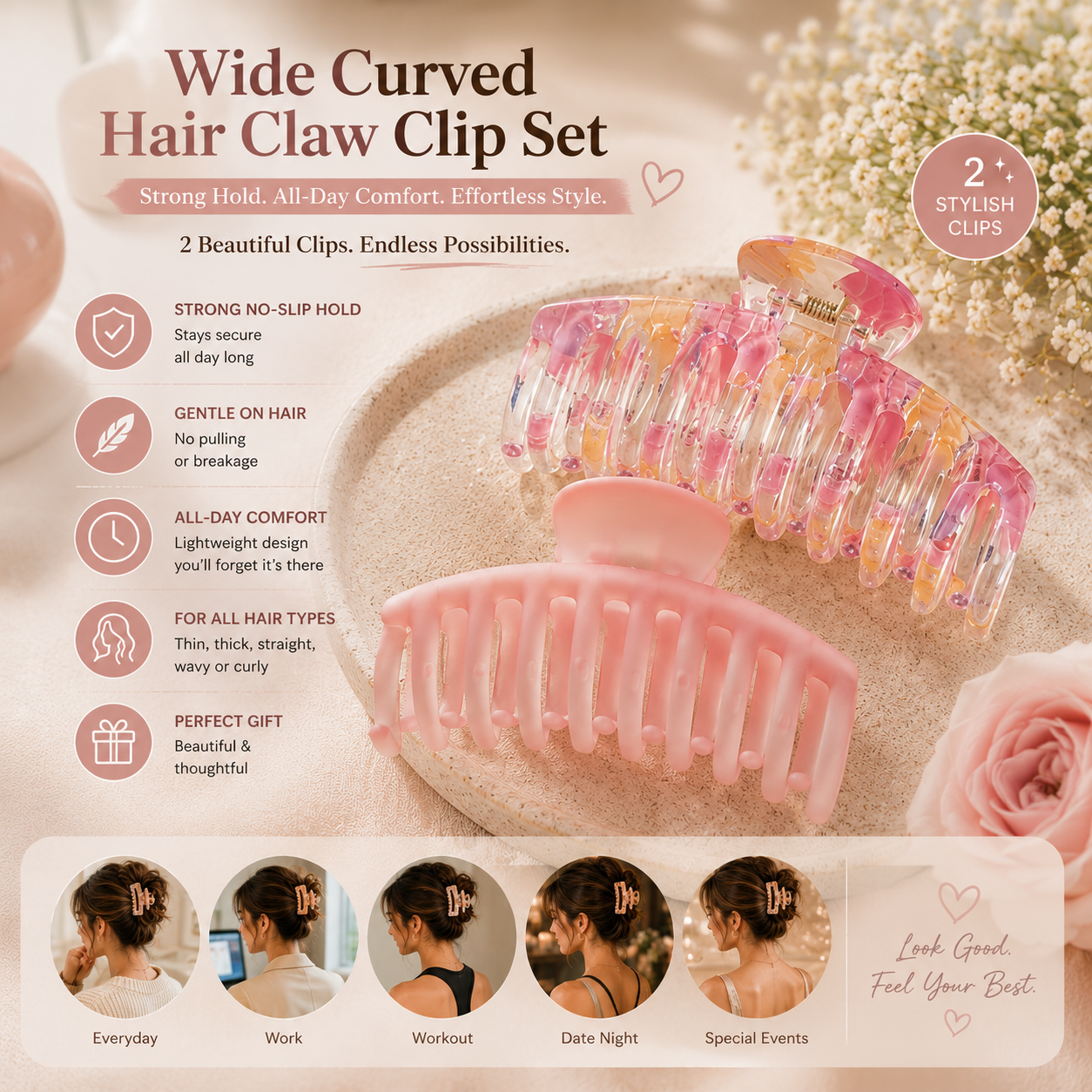 Wide Curved No-Slip Hair Claw Clips Set, Large Matte & Transparent Hair Clips for Women (2 Peices)