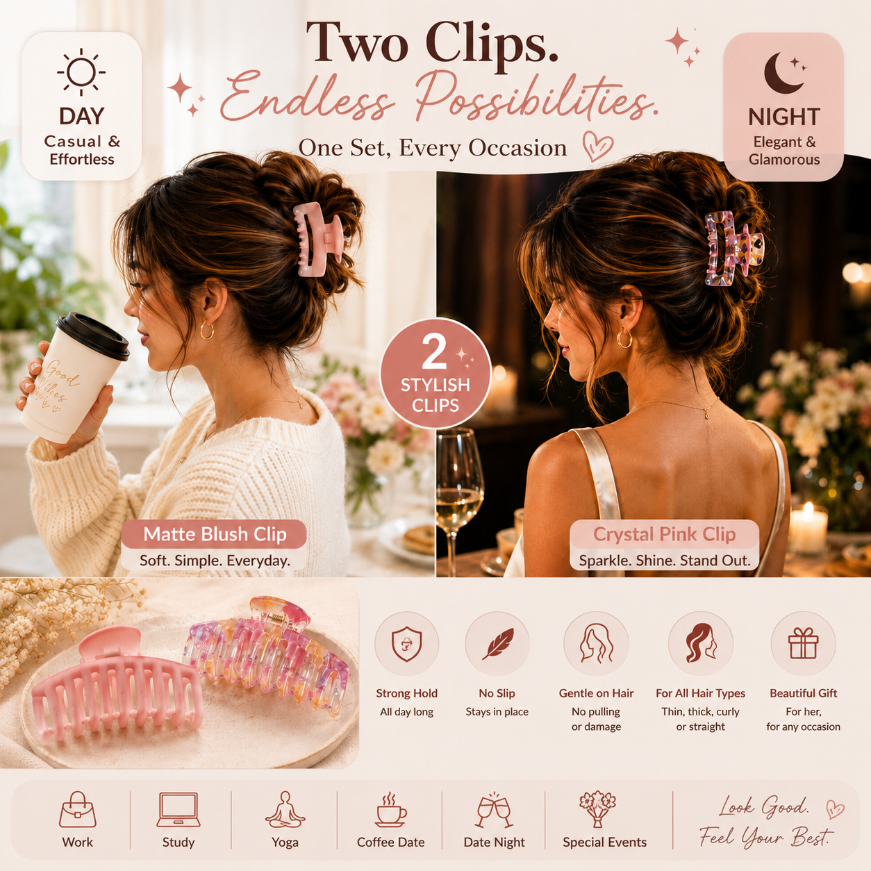 Wide Curved No-Slip Hair Claw Clips Set, Large Matte & Transparent Hair Clips for Women (2 Peices)