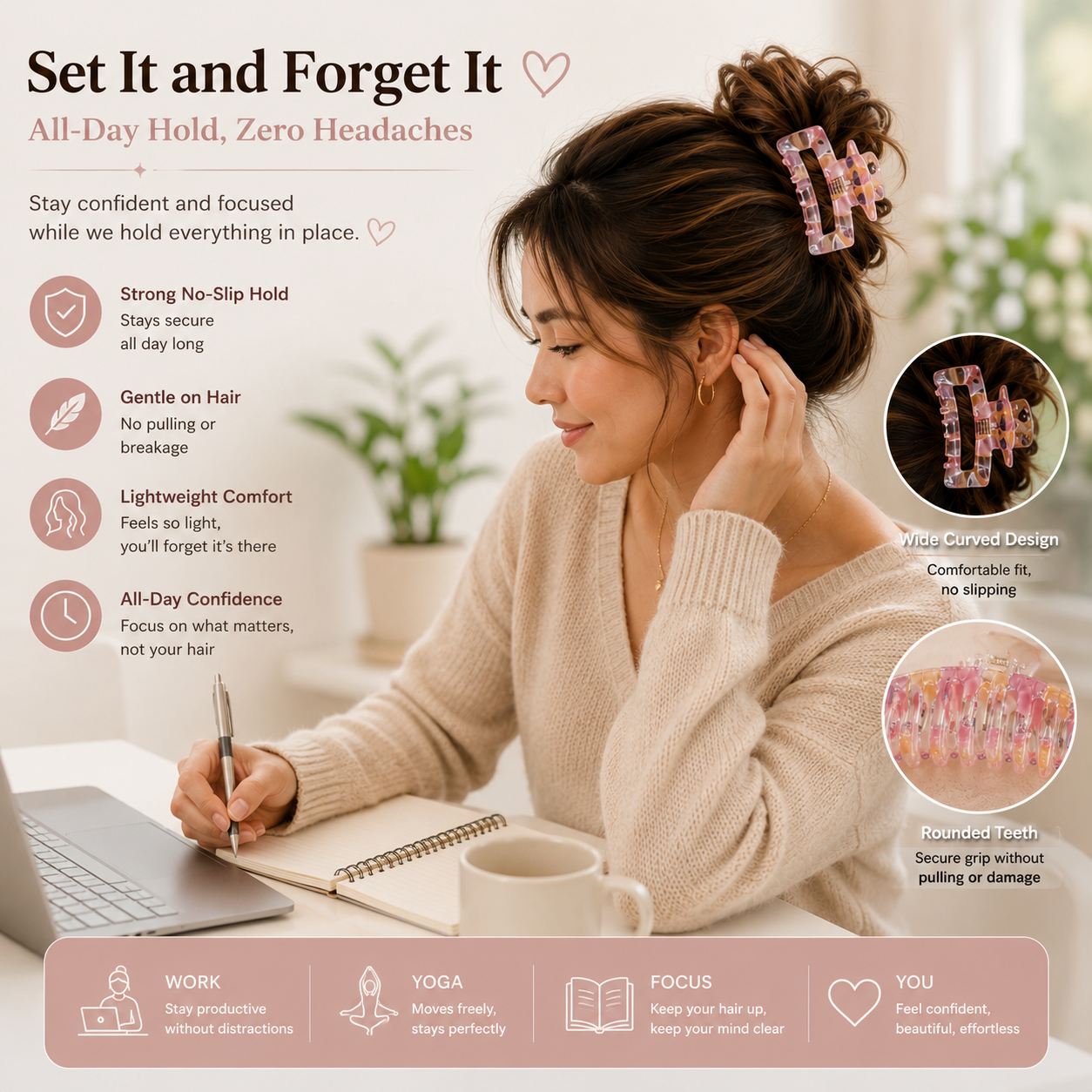 Wide Curved No-Slip Hair Claw Clips Set, Large Matte & Transparent Hair Clips for Women (2 Peices)